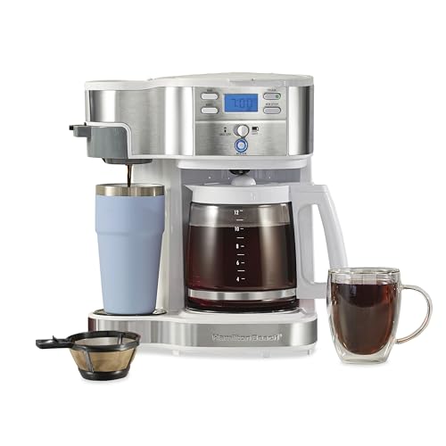 Hamilton Beach 2-Way Programmable Coffee Maker, 12 Cup Glass Carafe And Single Serve Coffee Maker, White with Stainless Steel Accents, 49933