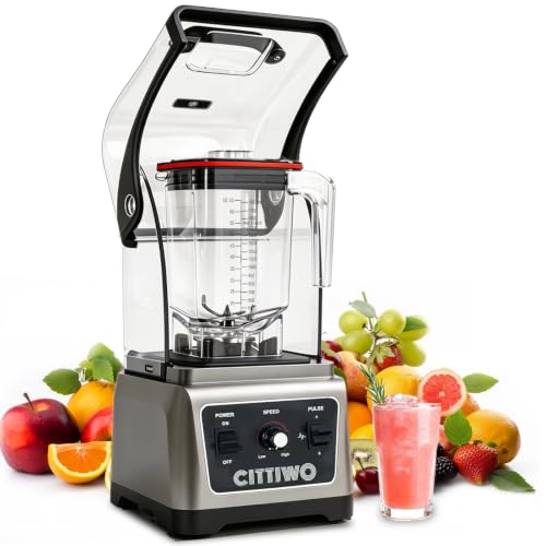 Cittiwo Commercial Blender Heavy Duty Restaurant with 64oz Jar, 2200W Professional-Grade Smoothie Blender, Ice Crush, Frozen Drinks, Quiet Shield, Self-Cleaning