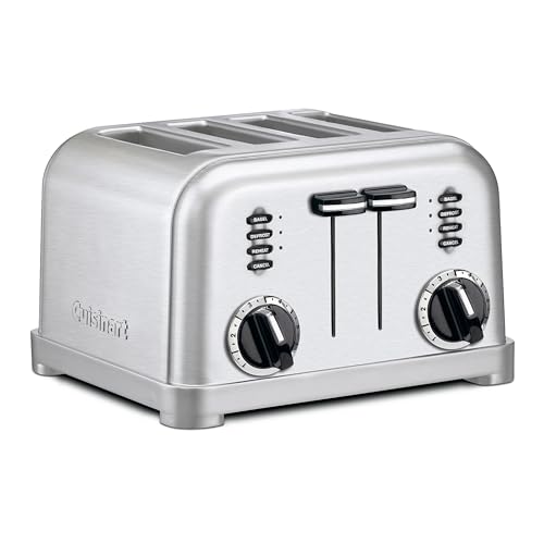 Cuisinart 4 Slice Compact Stainless Steel Toaster with Extra-Wide Slots for Bread, French Toast, Bagels & Pastries, Defrost & Reheat Functions, CPT-180P1, Brushed Stainless, Remova