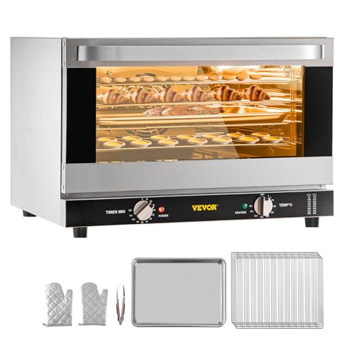 VEVOR Commercial Convection Oven, 47L/43Qt, Half-Size Conventional Oven Countertop, 1600W 4-Tier Toaster w/Front Glass Door, Electric Baking Oven w/Trays Wire Racks Clip Gloves, 120V