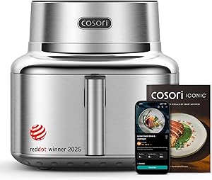 Cosori Iconic Stainless Steel 6.5 Qt Smart Air Fryer, PFAS-Free Ceramic Coating, Max 450°F