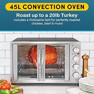 Elite Gourmet ETO4510MX French Door 47.5Qt, 18-Slice Convection Oven 4-Control Knobs, Bake
